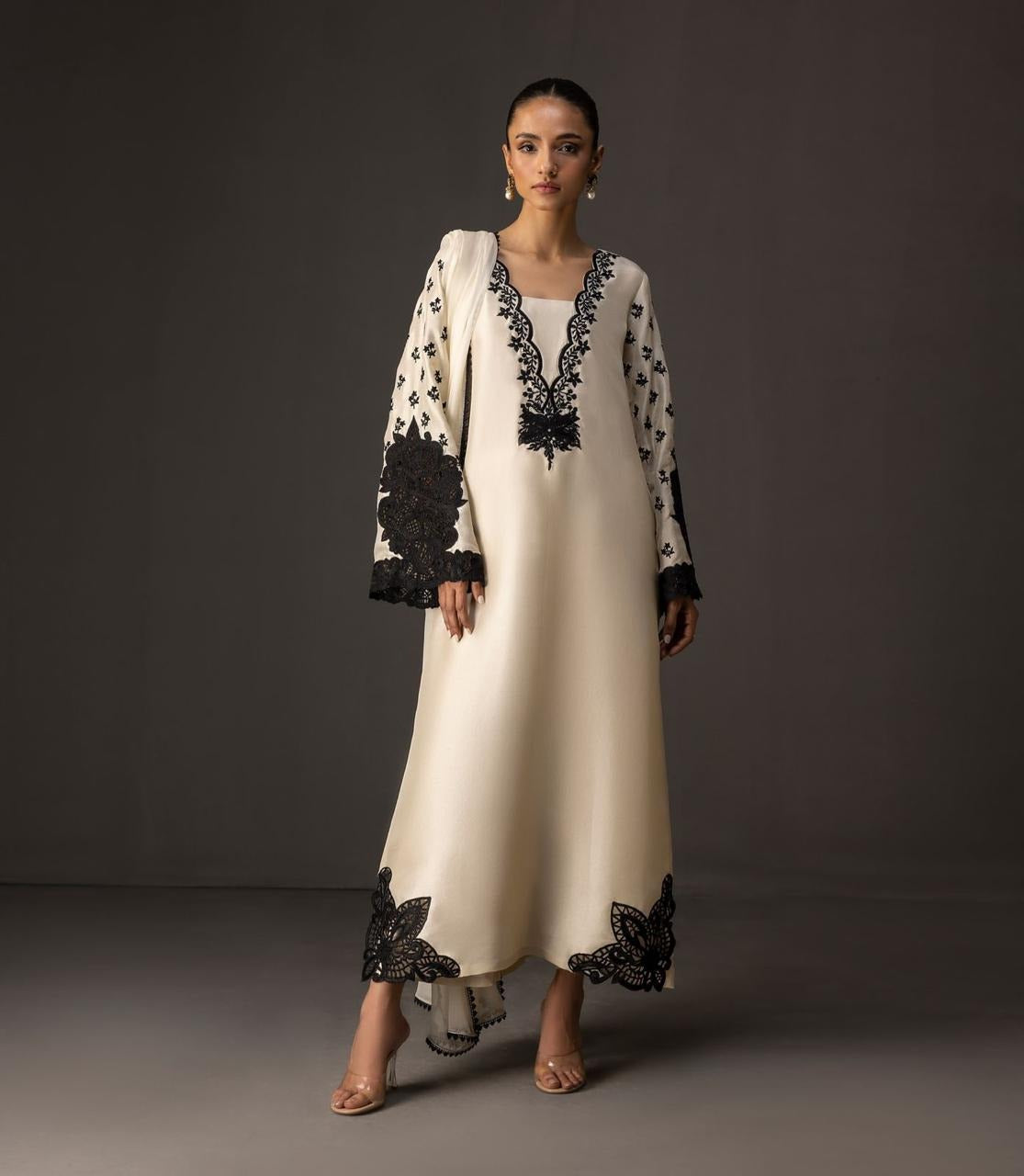 Elegant Black & White Embroidered Shamoze Silk Dress Luxury Formal Wear 2025
